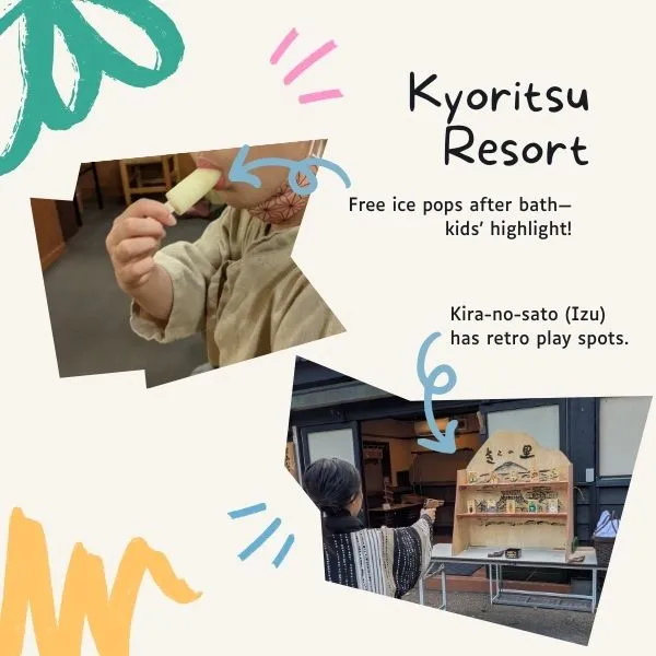 Child enjoying free ice pops after onsen at Kyoritsu Resort, with retro play spots at Kira-no-Sato Izu.