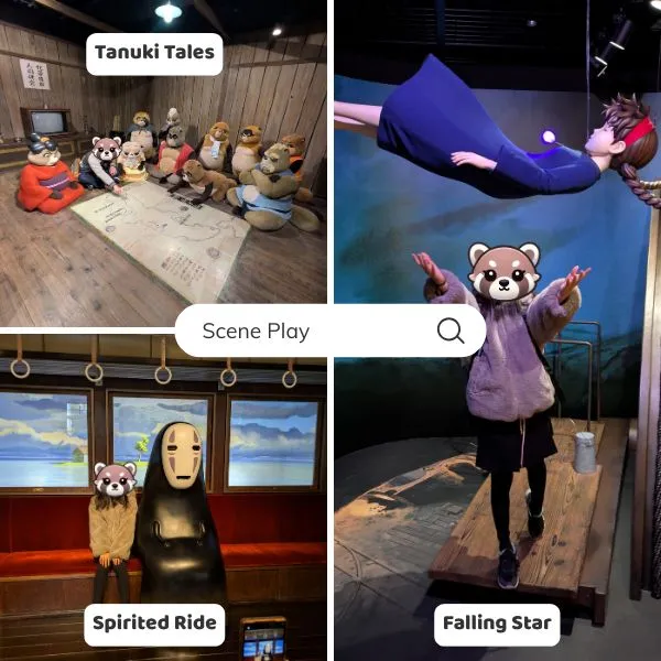 Family posing in Ghibli Park Narikiri Studio, recreating famous scenes: sitting with No-Face on the Spirited Away train, flying with Kiki, and joining the tanuki meeting from Pom Poko – part of the Ghibli Park family guide.