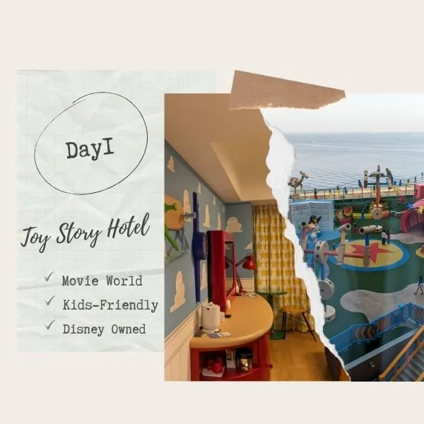 Colorful Toy Story Hotel room and outdoor play area, perfect start for a Tokyo Disney 7 day itinerary.