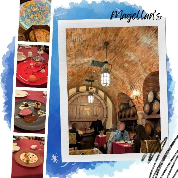 Tokyo DisneySea food at Magellan’s, featuring the secret wine barrel room and gourmet course meals, a top fine dining experience for families