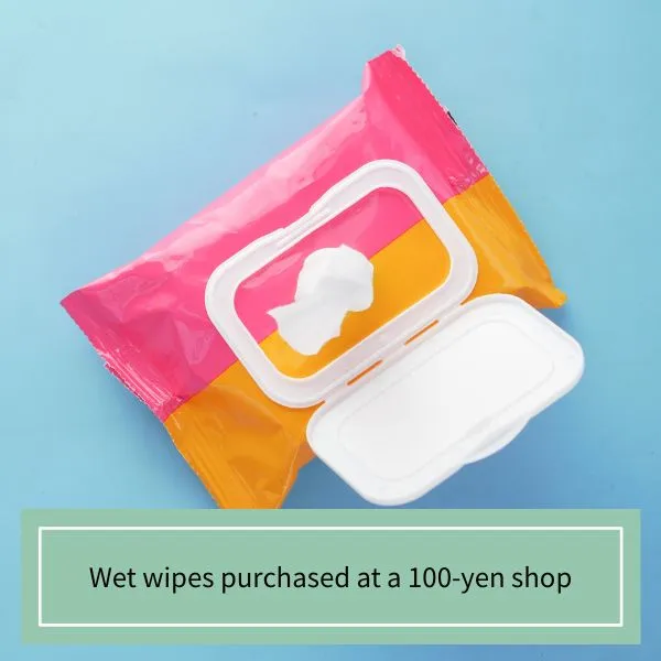 Wet wipes purchased at a 100-yen shop in Japan – a must-have item for families with kids to stay clean and manage trash in Japan during travel
