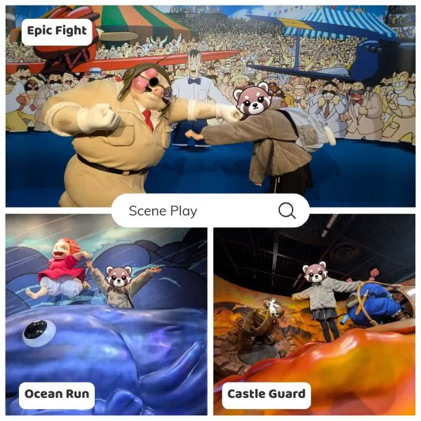 Visitors experiencing Ghibli Park Narikiri Studio: boxing with Porco Rosso, running on ocean waves with Ponyo, and standing before the Laputa robot soldier – highlights of the Ghibli Park Warehouse.