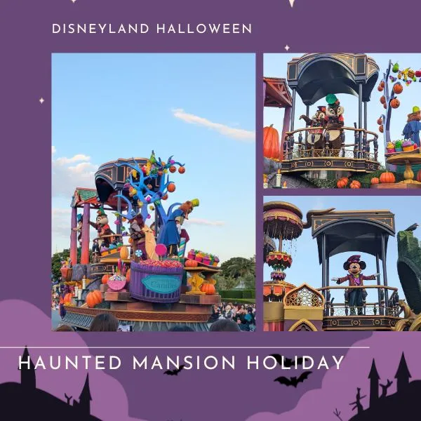 Colorful Tokyo Disneyland Halloween parade float with Disney characters in costumes, part of the seasonal celebration.