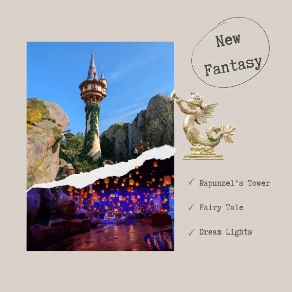 Rapunzel’s Tower and lantern scene in Fantasy Springs, magical stop in the Tokyo Disney 7 day itinerary.