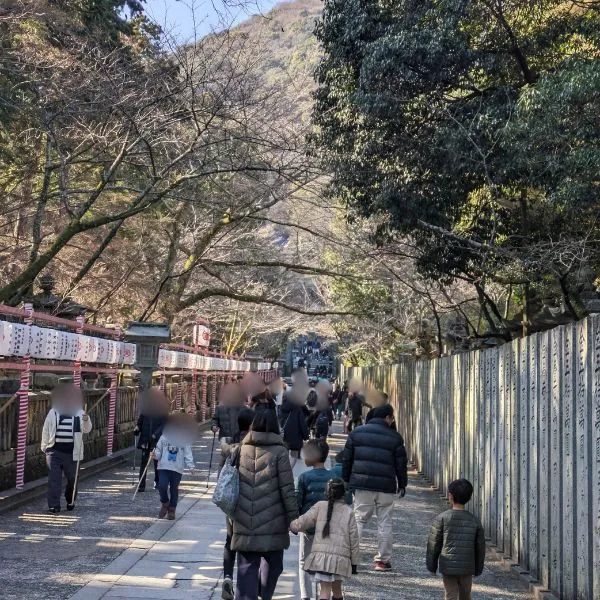 Visitors walking along the stone approach to Kotohira Shrine – Kotohira crowd tips, family travel Japan