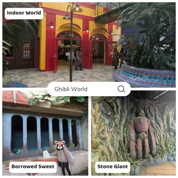 Colorful indoor entrance and themed zones inside Ghibli Park Warehouse, including Arrietty’s Borrowed Sweet and the Laputa Stone Giant – essential stops in a Ghibli Park Japan travel itinerary.