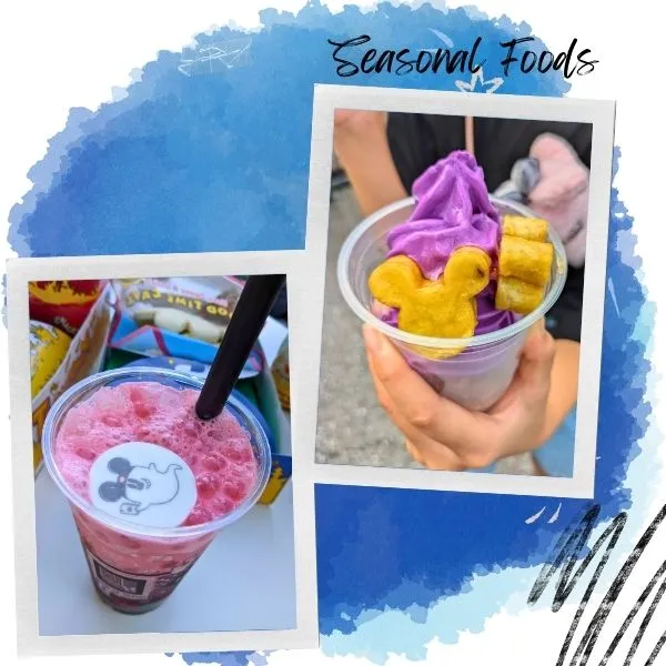 Tokyo DisneySea food seasonal treats, featuring a purple sweet potato soft serve with Mickey-shaped pastry and a refreshing pink soda with Mickey decoration