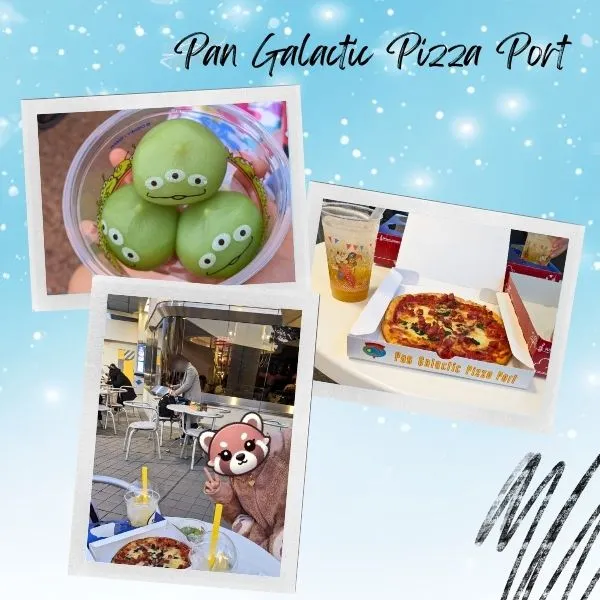 Pizza and Little Green Alien dumplings at Pan Galactic Pizza Port, a Tokyo Disneyland food guide highlight for casual meals.