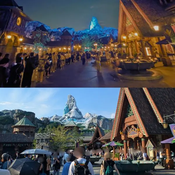 Comparison of Frozen area at DisneySea—daytime crowds vs calmer nighttime—useful for families staying at Toy Story Hotel Tokyo.