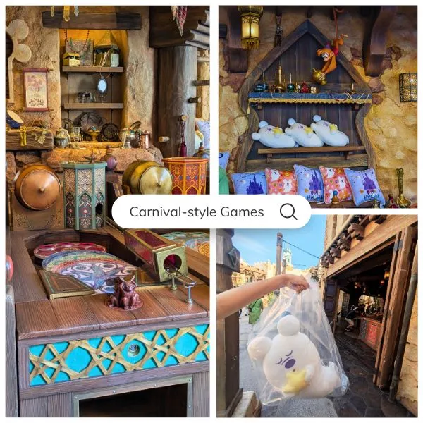Carnival-style games at Tokyo Disneyland Jungle Carnival and Tokyo DisneySea Abu’s Bazaar, with ghost Mickey cushion prizes and pin badges for kids