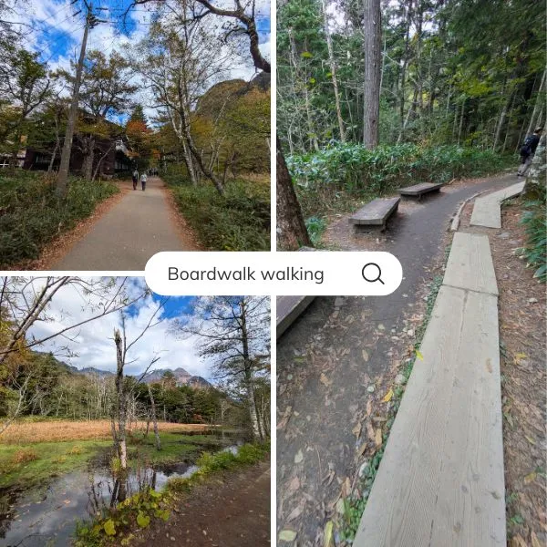Kamikochi family hiking two generations on flat boardwalk from Taisho Pond to Kappa Bridge