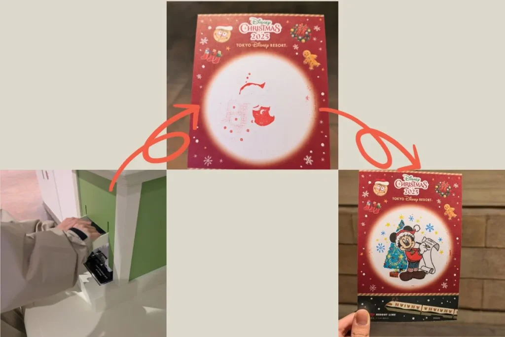 Tokyo Disney Resort Line Christmas stamp rally showing how the blank card turns into a Mickey postcard on our Tokyo Disney Christmas itinerary