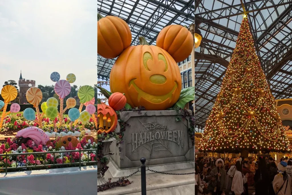 Collage of spring sweets decorations, a giant Halloween pumpkin, and a Christmas tree at Tokyo Disneyland, comparing the best time to visit Tokyo Disneyland with kids across three seasons.