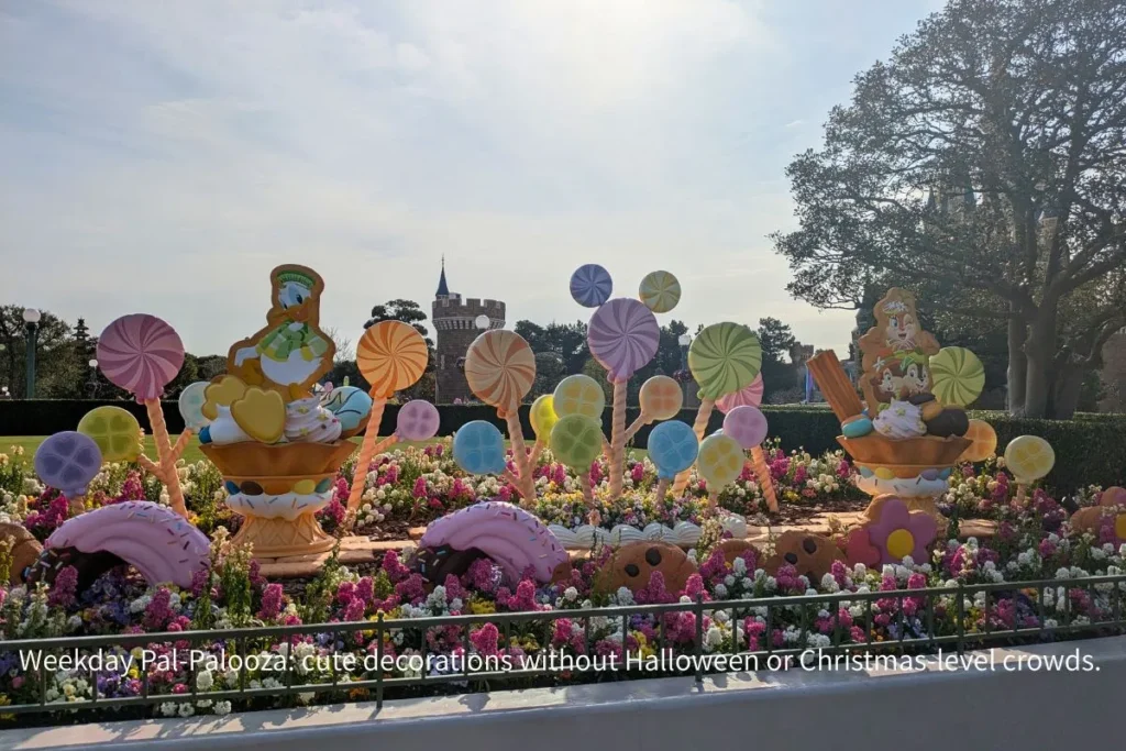 Weekday Disney Pal-Palooza decorations at Tokyo Disneyland Pal-Palooza with kids, showing cute candy theming without Halloween or Christmas-level crowds.