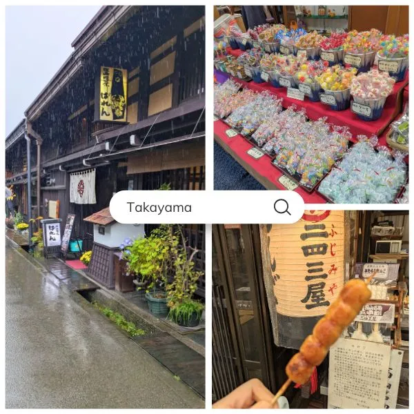 Takayama old town in the rain, candy shop, and mitarashi dango—perfect Day 3 finish to a Kamikochi itinerary.
