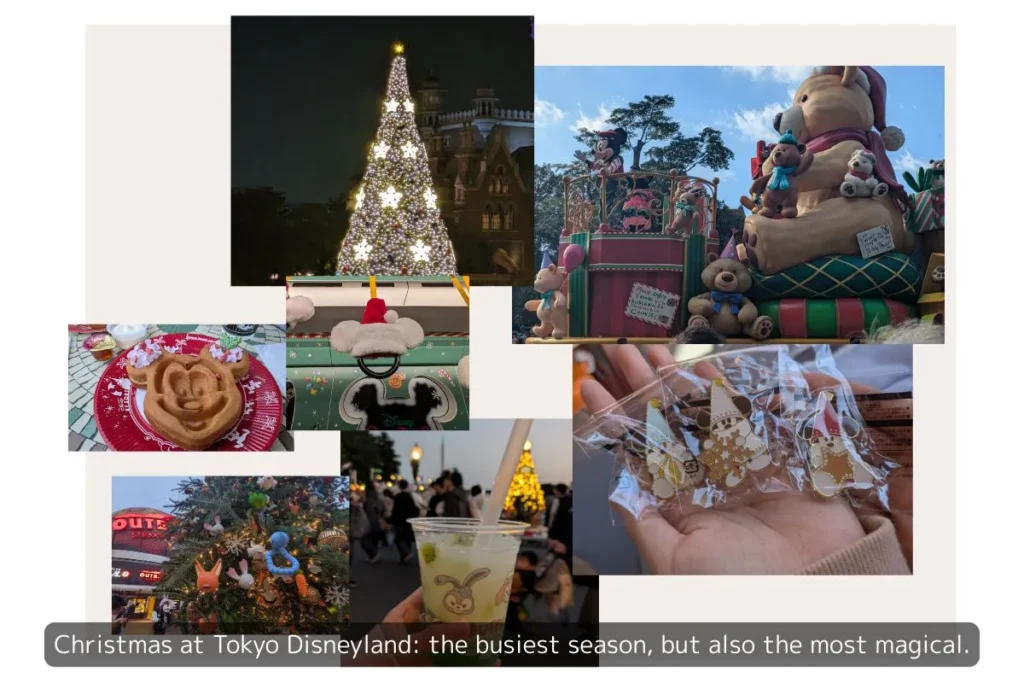 Food, parades, trees and lights in a collage of Tokyo Disneyland Christmas with kids, showing why Christmas is the busiest but most magical season.