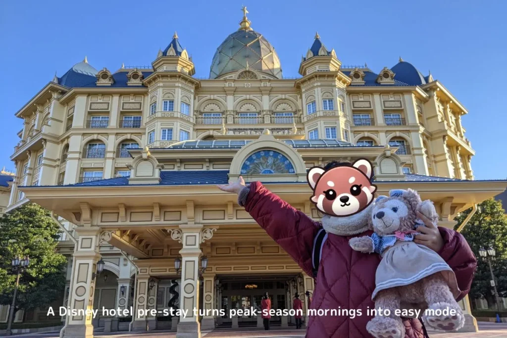 Child holding a Duffy plush in front of Tokyo Disneyland Hotel, showing how a Disney hotel pre-stay makes the best time to visit Tokyo Disneyland with kids much easier.