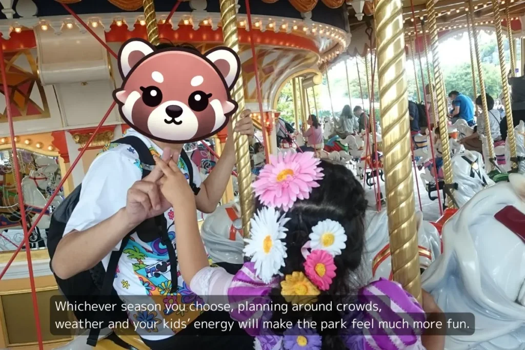 Parent and child riding the carousel at Tokyo Disneyland with kids, reminding families that planning the best time to visit Tokyo Disneyland with kids depends on crowds, weather and energy.