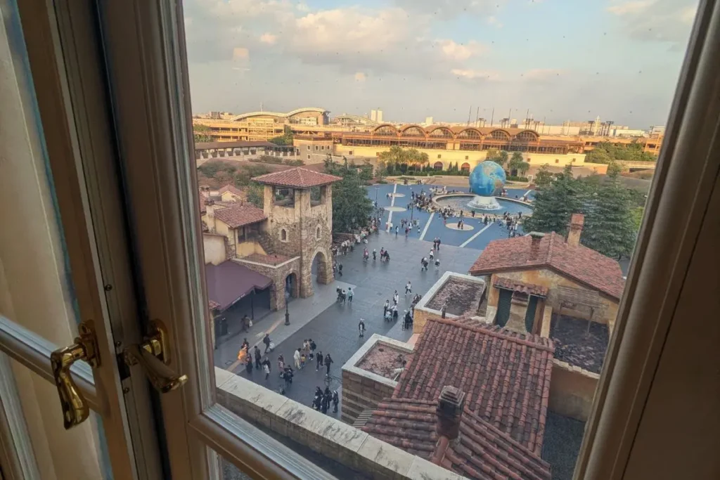View from Hotel MiraCosta window over Tokyo DisneySea entrance and AquaSphere during our Tokyo Disney Christmas with kids